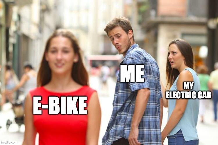 This meme is a play on the classic "Distracted Boyfriend" meme, but with a twist. In the original, a man looks at another woman while his girlfriend or wife looks on in shock or disapproval. In this meme, the woman is replaced with a person looking at an e-bike, and the girlfriend is replaced with the text "I". The text "I" is looking at the e-bike, and the text "Me" is looking at the person, implying that the person is jealous of the e-bike. The meme is humorous because it pokes fun at the idea that someone would be so jealous of an inanimate object.